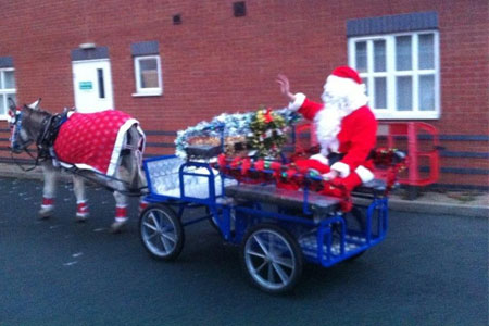 donkey pulling father christmas with gifts